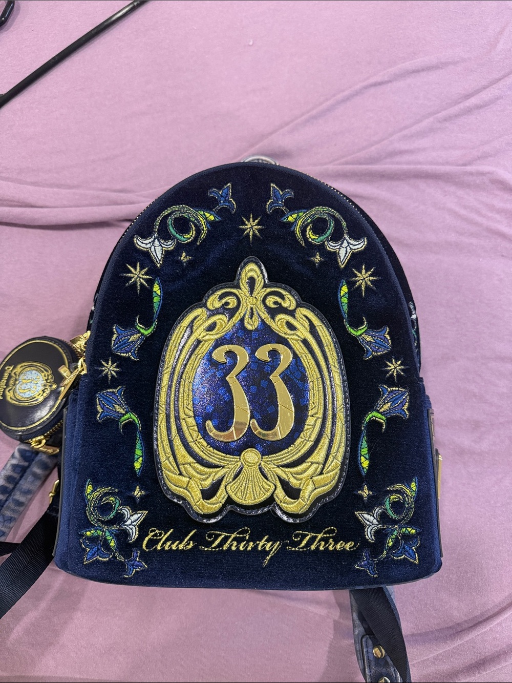 Club Thirty-Three Embroidered Velvet Mini Backpack - Navy & Gold